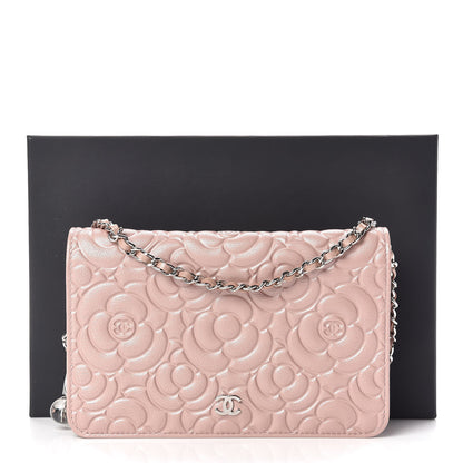 Chanel Goatskin Camellia Embossed Wallet On Chain WOC Light Pink 11 of 11
