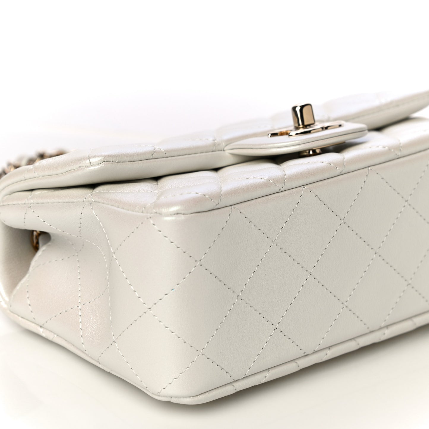 Iridescent Calfskin Quilted Mini Rectangular Flap White