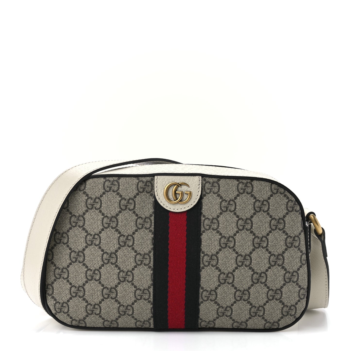 GG Supreme Monogram Textured Calfskin Web Small Ophidia Camera Bag Beige Ebony Mystic White