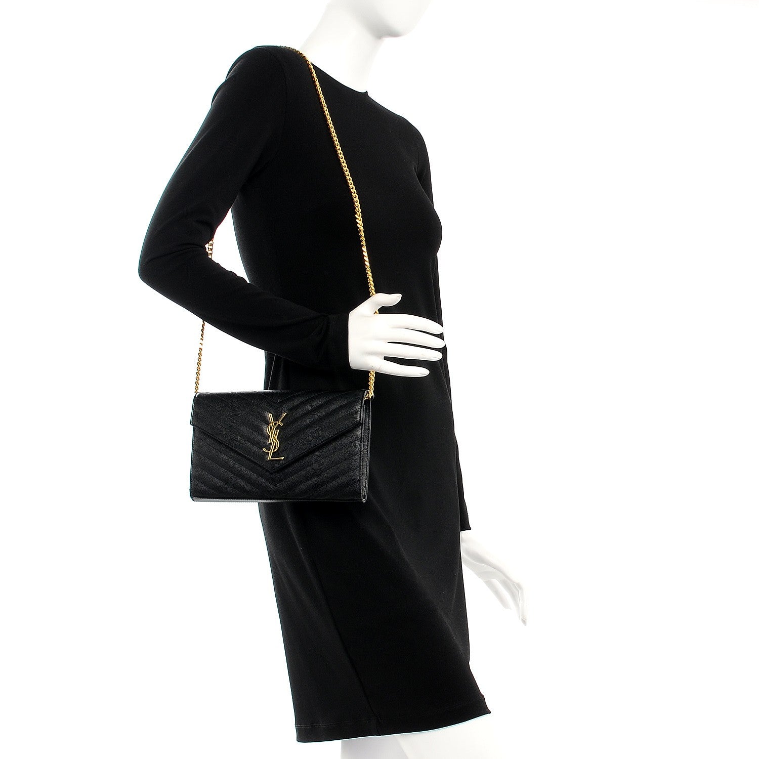 Saint Laurent Grain De Poudre Matelasse Chevron Monogram Chain Wallet Black 2 of 7