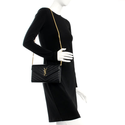 Saint Laurent Grain De Poudre Matelasse Chevron Monogram Chain Wallet Black 2 of 7