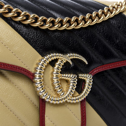 Gucci Vintage Effect Calfskin Matelasse Diagonal Striped Small Torchon GG Marmont Shoulder Bag Black Beige 9 of 10