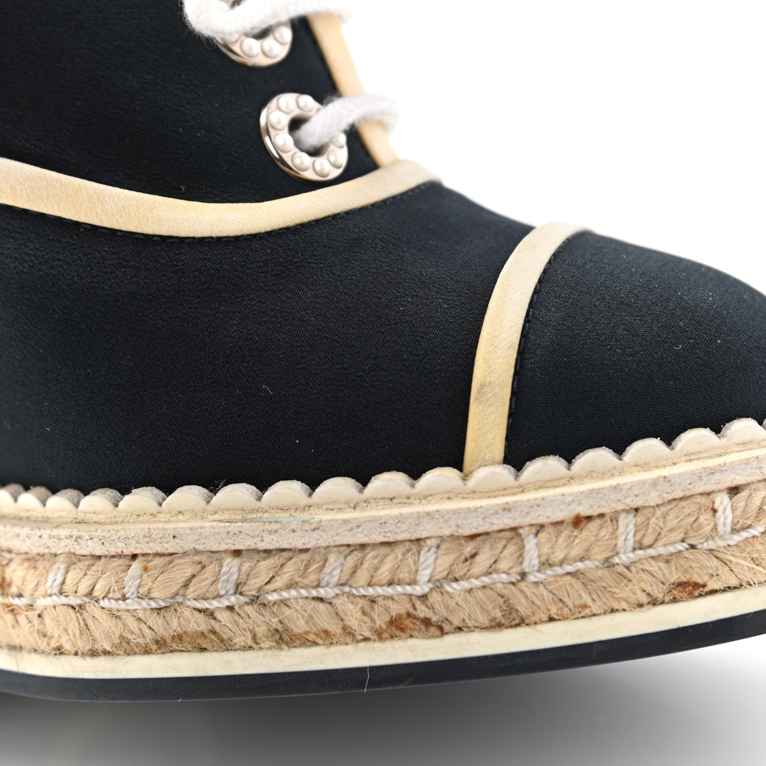 Chanel Silk Crepe Suede Calfskin Lace Up Wedge Espadrilles 35 Navy Grey 12 of 19