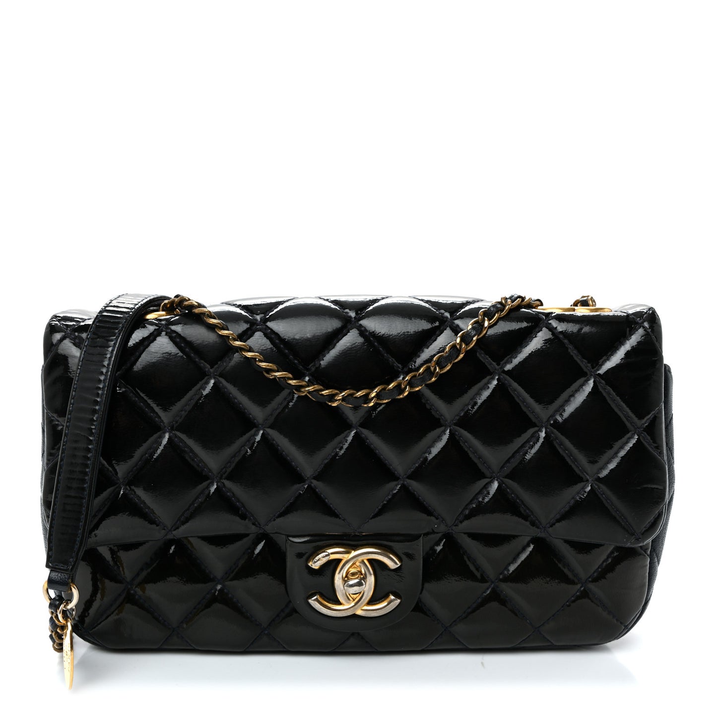 Patent Goatskin Quilted Medium CC Eyelet Flap Blue