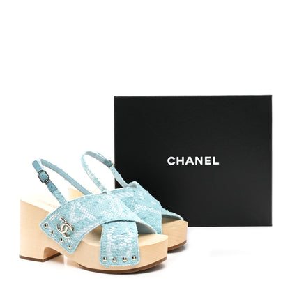 Chanel Jacquard Studded Slingback Clog Sandals 39 Turquoise White 9 of 9