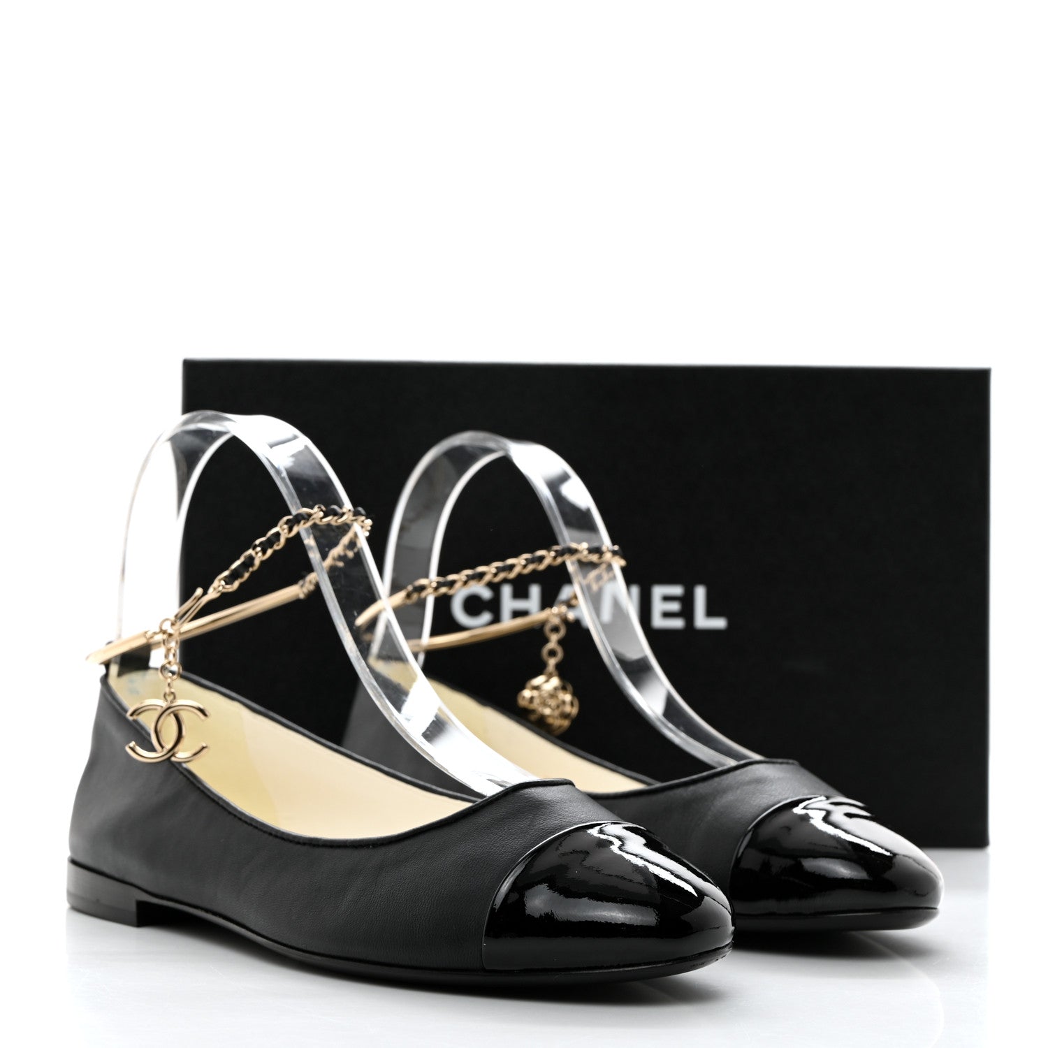 Chanel Lambskin Patent Calfskin Cap Toe Ankle Chain Ballerina Flats 37 Black 9 of 9