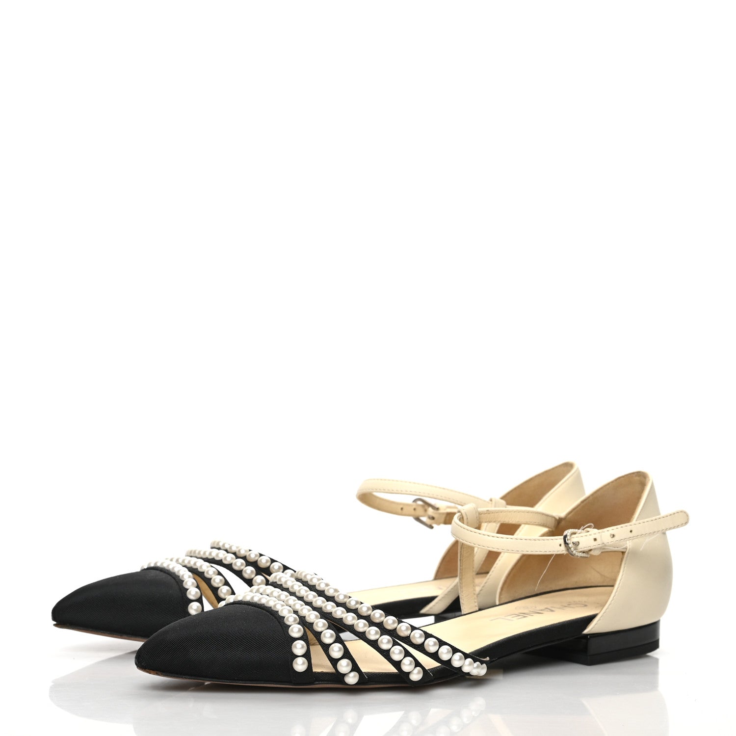 Chanel Lambskin Grosgrain Pearl Slingbacks White Black 3 of 8