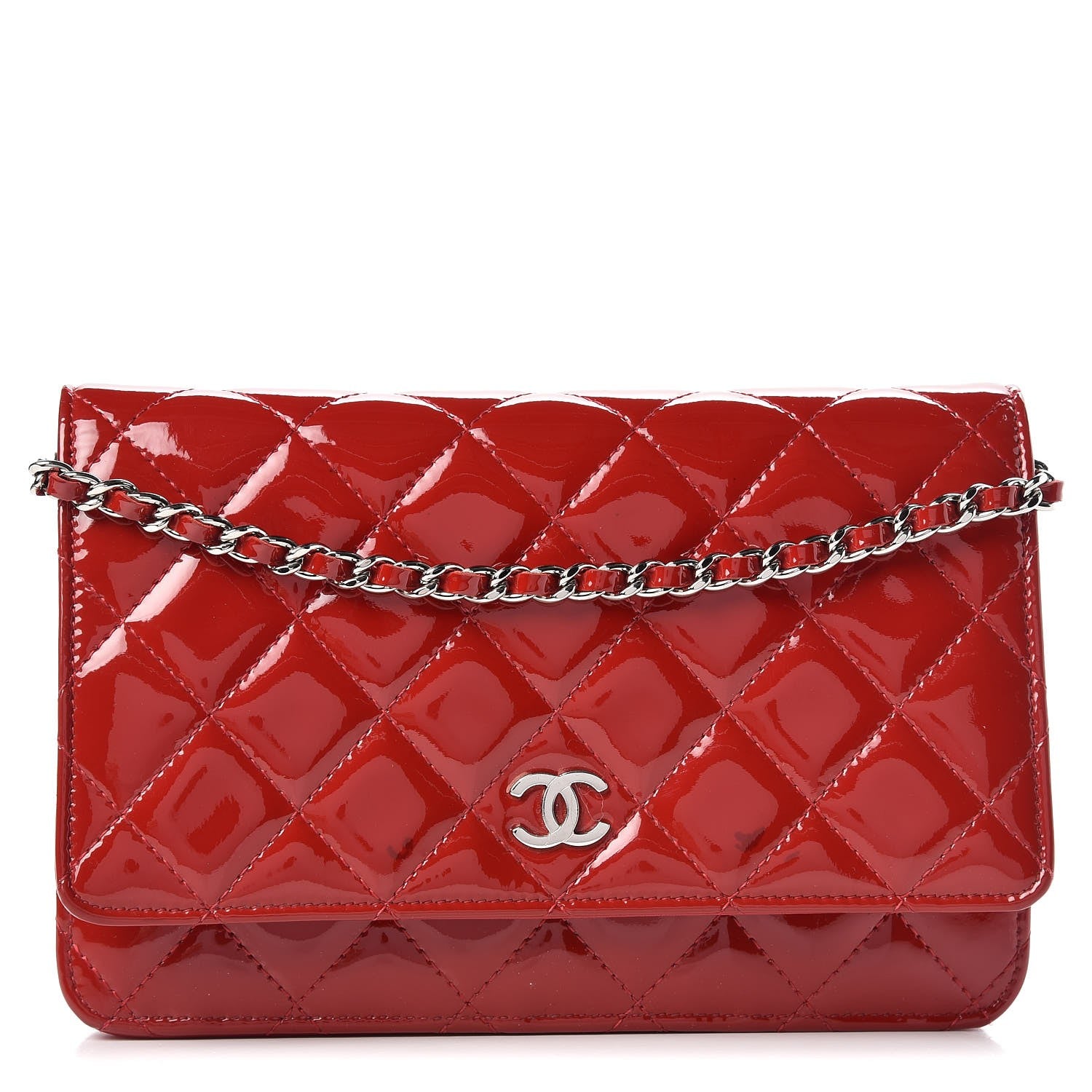 Chanel Patent Quilted Wallet On Chain WOC Red 1 of 12