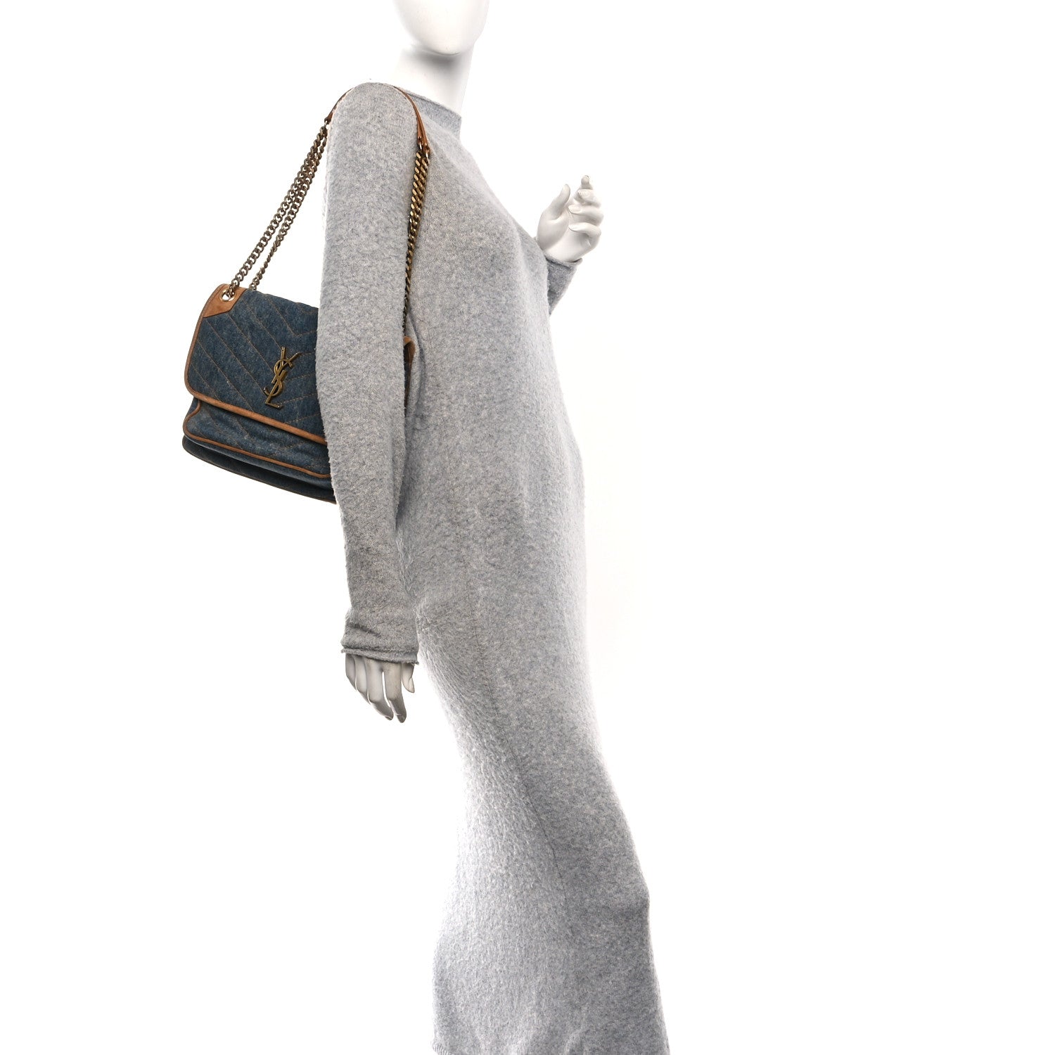 Saint Laurent Denim Suede Monogram Medium Niki Chain Satchel Blue Cinnamon 2 of 10