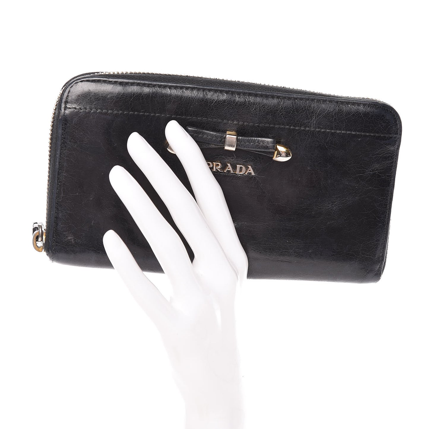 Vitello Shine Bow Zip Around Wallet Black