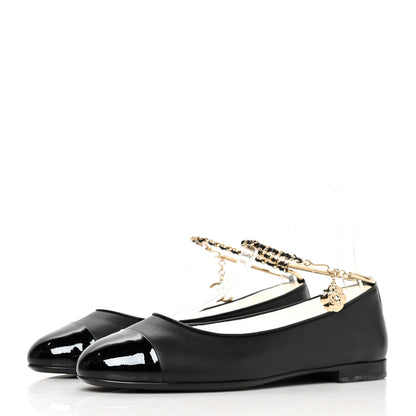 Chanel Lambskin Patent Calfskin Cap Toe Ankle Chain Ballerina Flats 38 Black 3 of 8