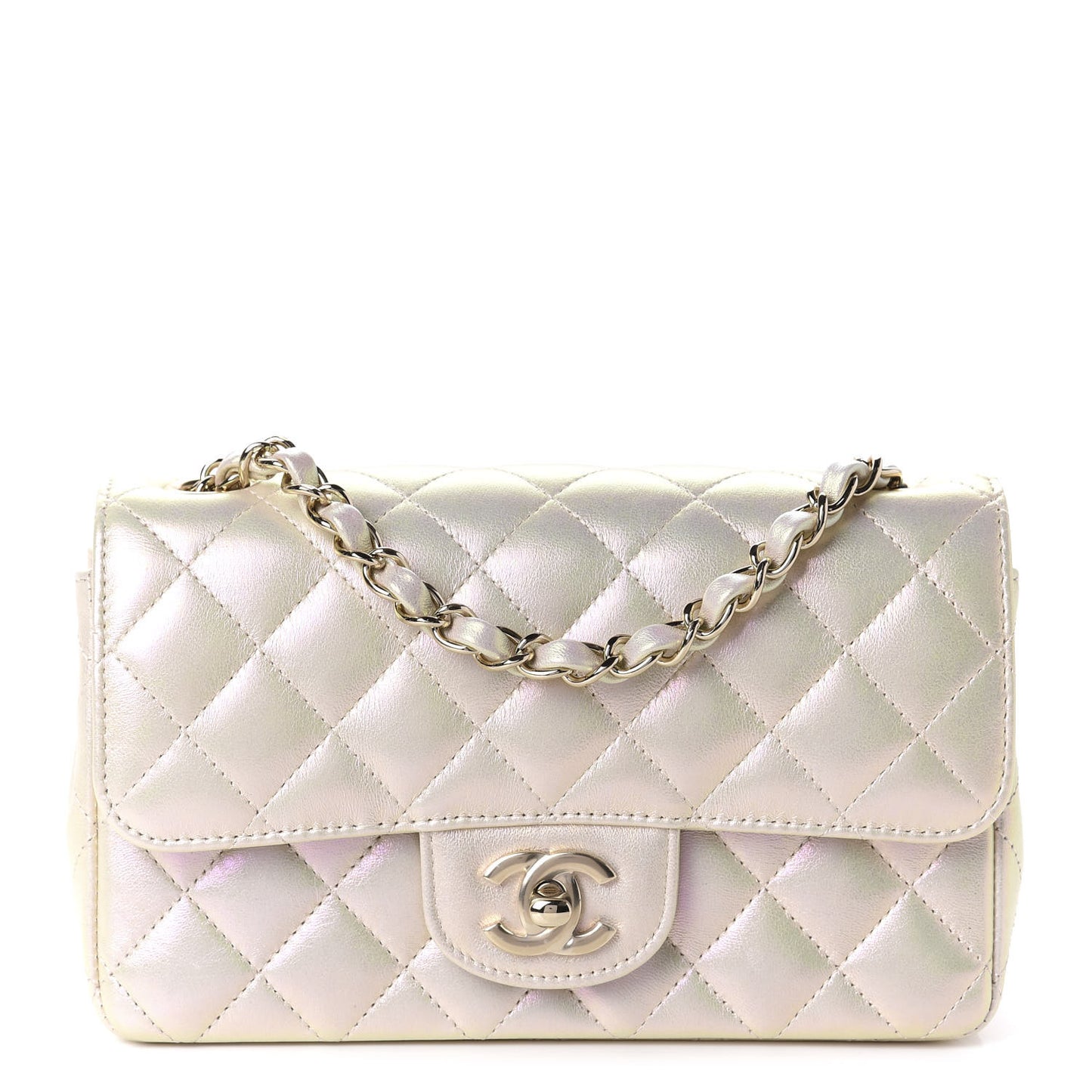 Iridescent Lambskin Quilted Mini Rectangular Flap Ivory