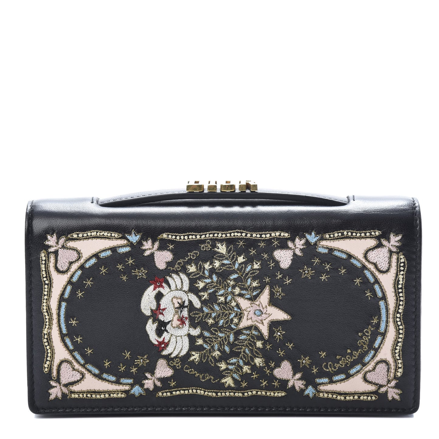 Lambskin Embroidered Tarot Pouch Clutch Black