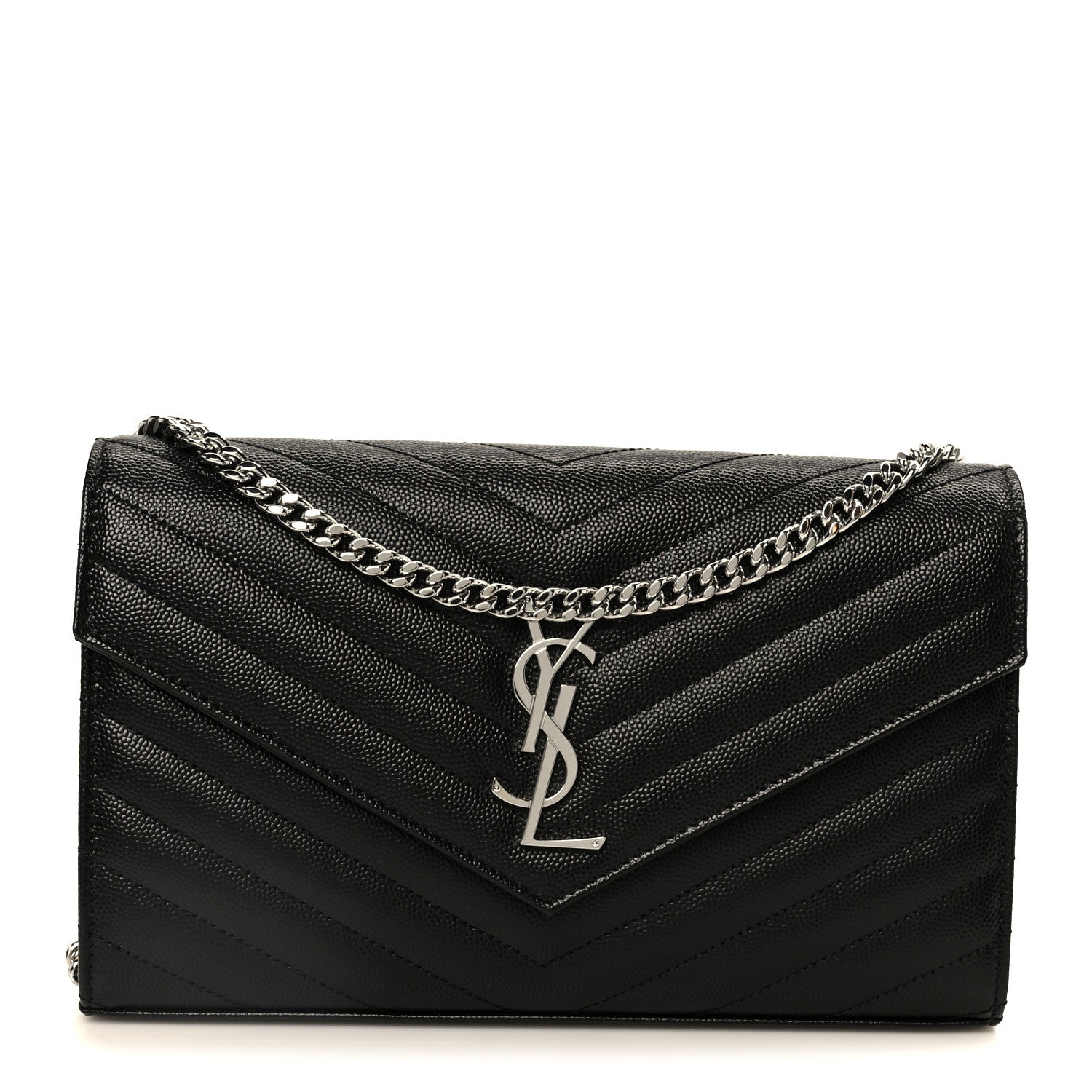 Saint Laurent Grain De Poudre Matelasse Chevron Monogram Chain Wallet Black 1 of 9