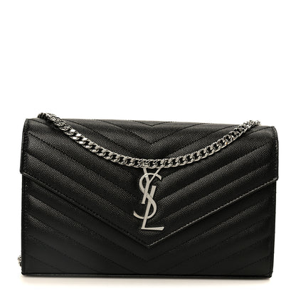 Saint Laurent Grain De Poudre Matelasse Chevron Monogram Chain Wallet Black 1 of 9