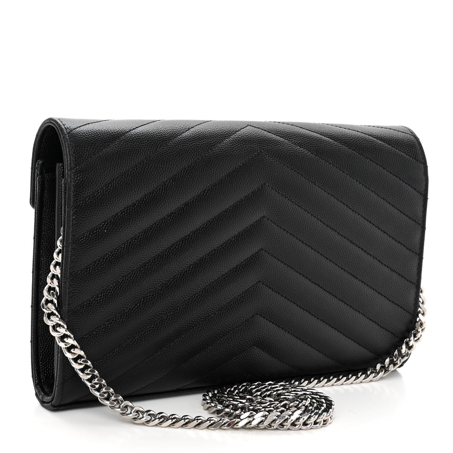 Saint Laurent Grain De Poudre Matelasse Chevron Monogram Chain Wallet Black 3 of 9