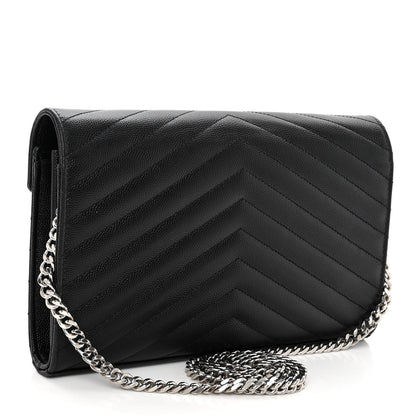 Saint Laurent Grain De Poudre Matelasse Chevron Monogram Chain Wallet Black 3 of 9