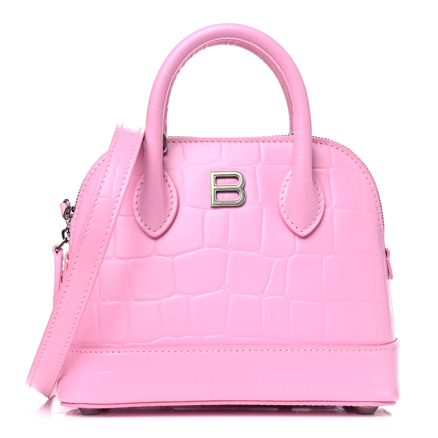 Balenciaga Semi Shiny Calfskin Rivet Crocodile Embossed XXS Ville Top Handle Bag Pink 1 of 5
