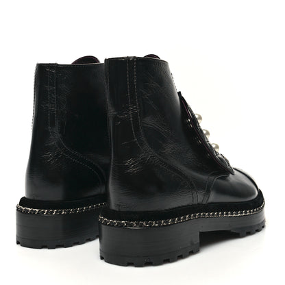 Chanel Crackled Calfskin Velvet Pearl Combat Short Boots 37.5 Black 4 of 9