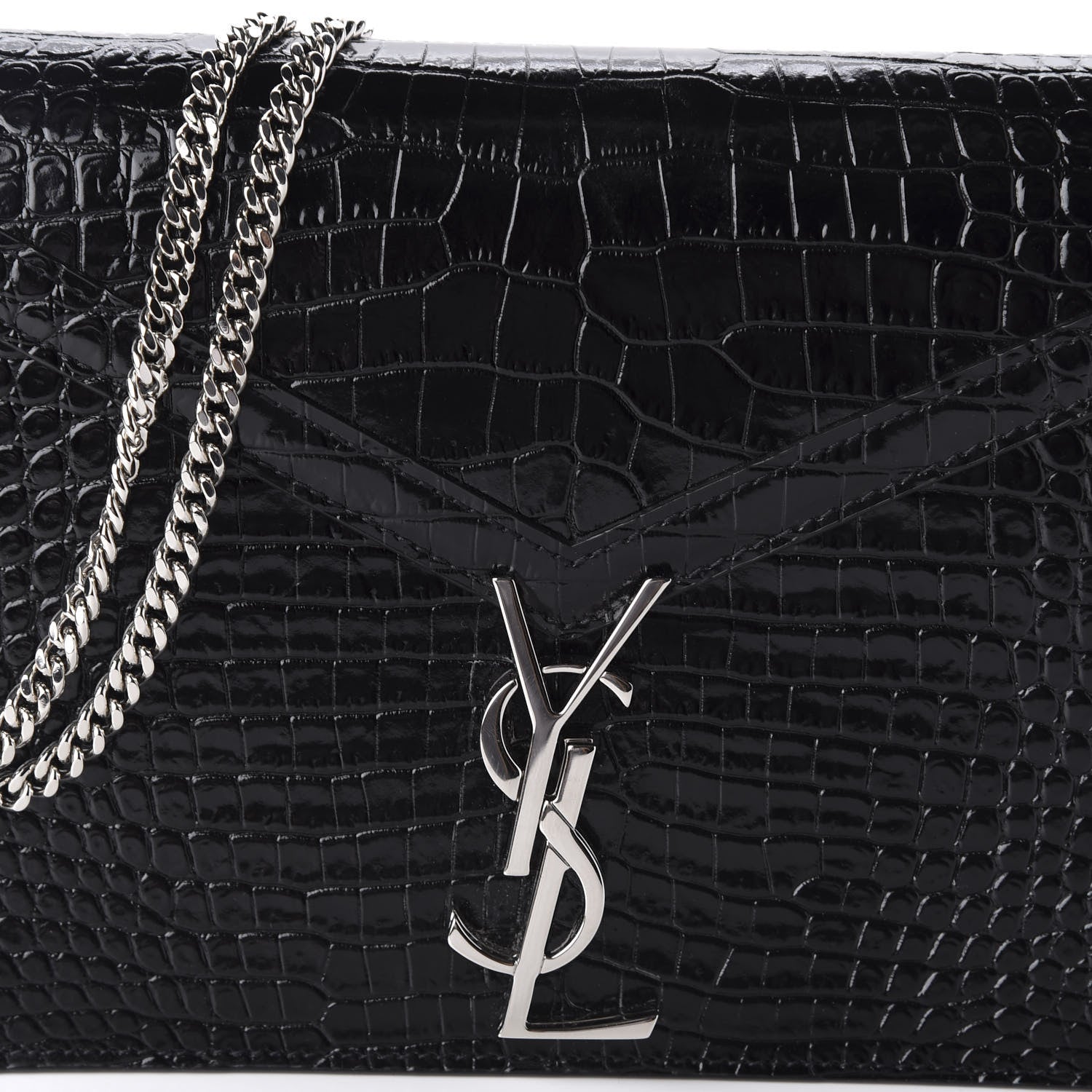 Saint Laurent Calfskin Crocodile Embossed Monogram Cassandra Clasp Bag Black Rouge Legion 11 of 11