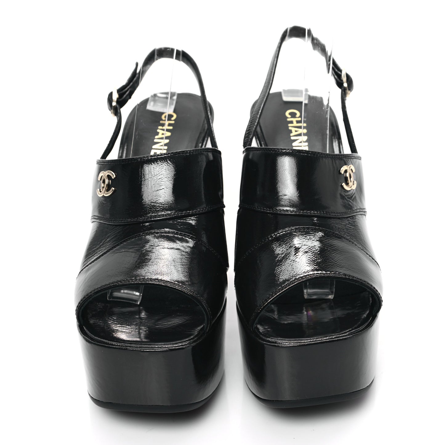 Crumpled Patent Lambskin Platform Sandals 41 Black
