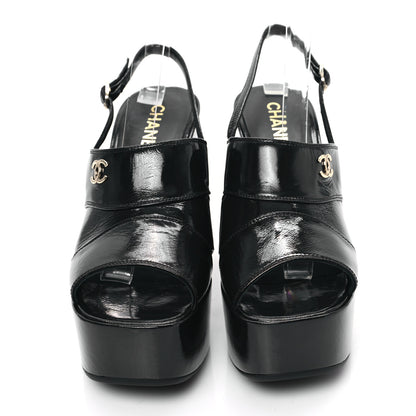 Chanel Crumpled Patent Lambskin Platform Sandals 41 Black 2 of 9