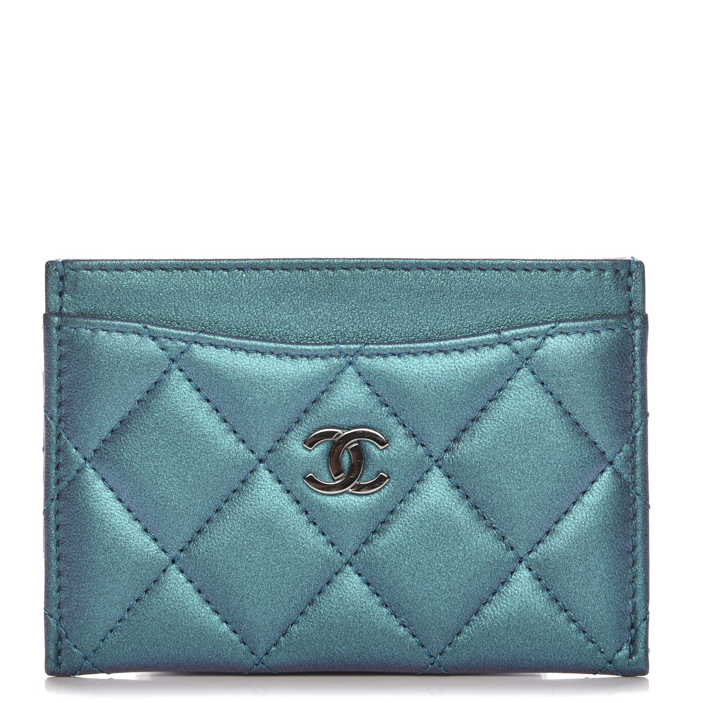 Metallic Lambskin Quilted Card Holder Turquoise