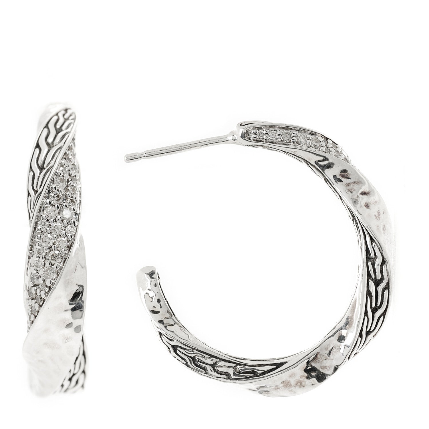John Hardy Sterling Silver Diamond Twisted Hoop Earrings 1 of 4