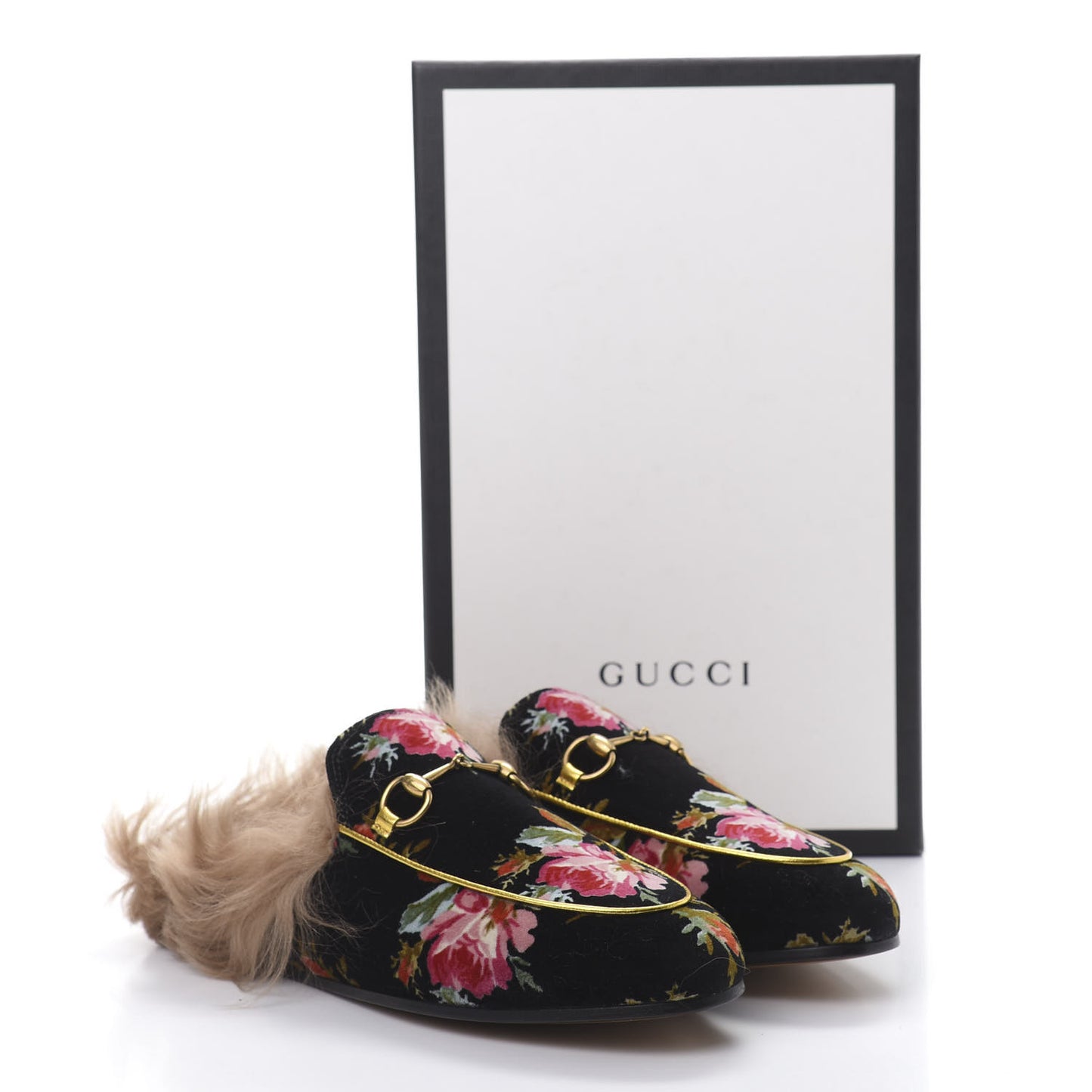 Velvet Fur Floral Womens Princetown Slippers 39 Black