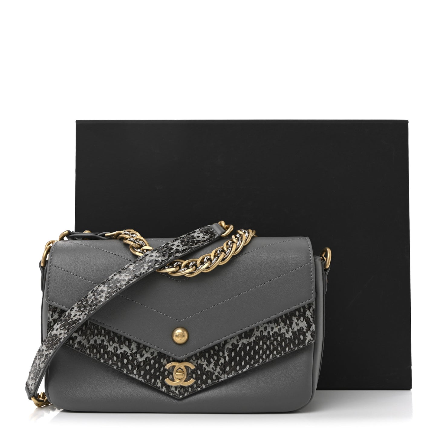 Sheepskin Snakeskin Chevron Quilted Mini Double Chevron Flap Grey