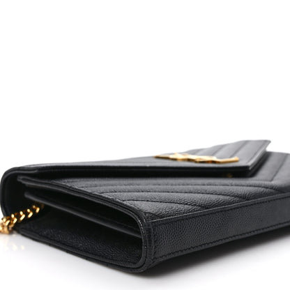 Saint Laurent Grain De Poudre Matelasse Chevron Monogram Chain Wallet Black 7 of 11