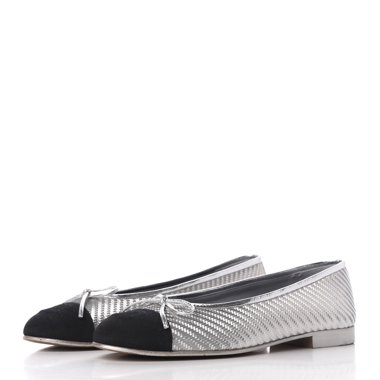 Chanel Metallic PVC Grosgrain Cap Toe Ballerina Flats 37.5 Silver Black 2 of 12