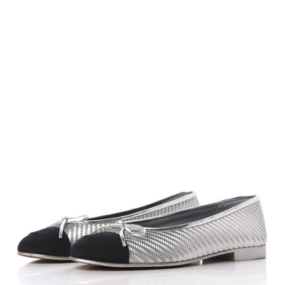 Chanel Metallic PVC Grosgrain Cap Toe Ballerina Flats 37.5 Silver Black 2 of 12