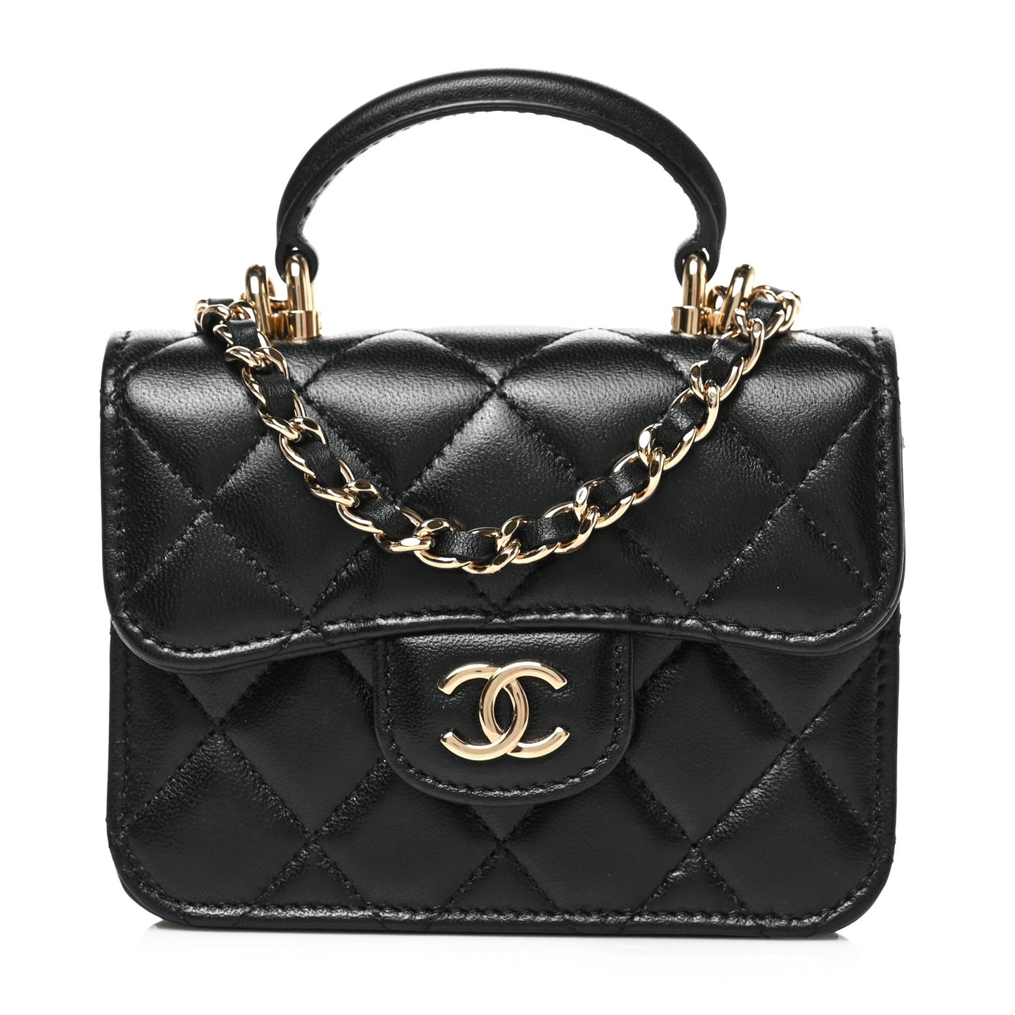Lambskin Quilted Top Handle Flap Coin Purse With Chain Black