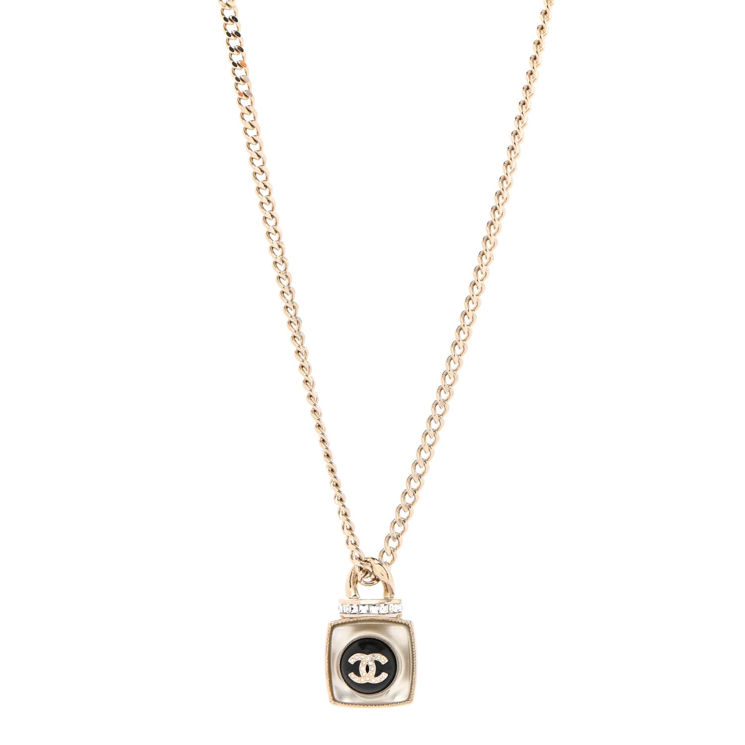 Chanel Crystal Resin CC Perfume Bottle Necklace Gold 1 of 5
