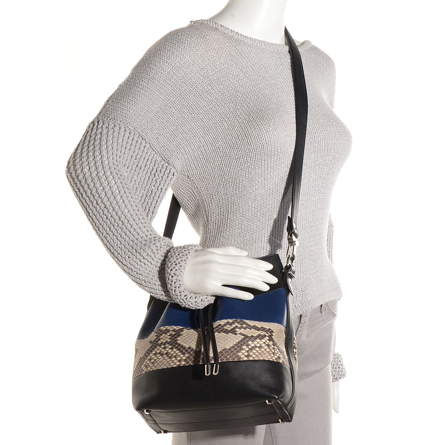 Smooth Leather Watersnake Patchwork Medium Bucket Bag Cadet