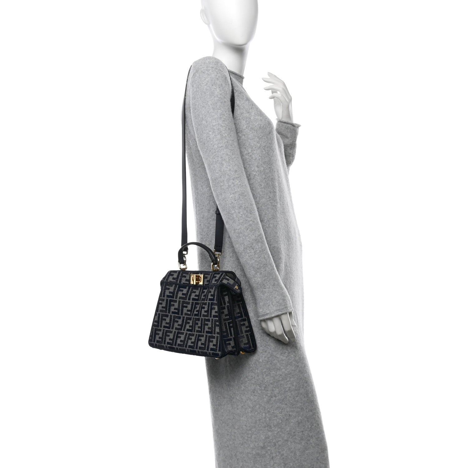 Fendi Chenille Vitello Seta FF Small Peekaboo I SEE U Satchel Grigio Blue Notte 2 of 13