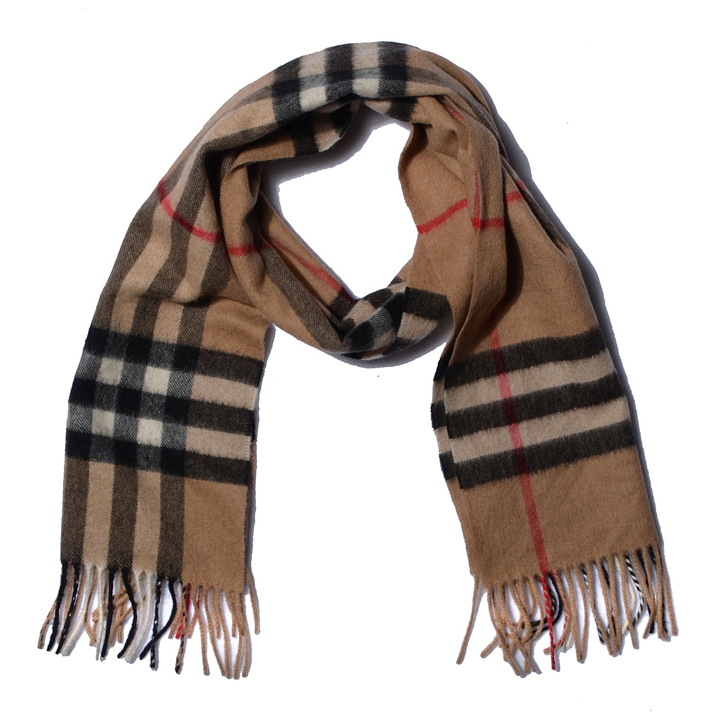 Cashmere Giant Check Fringe Scarf Camel