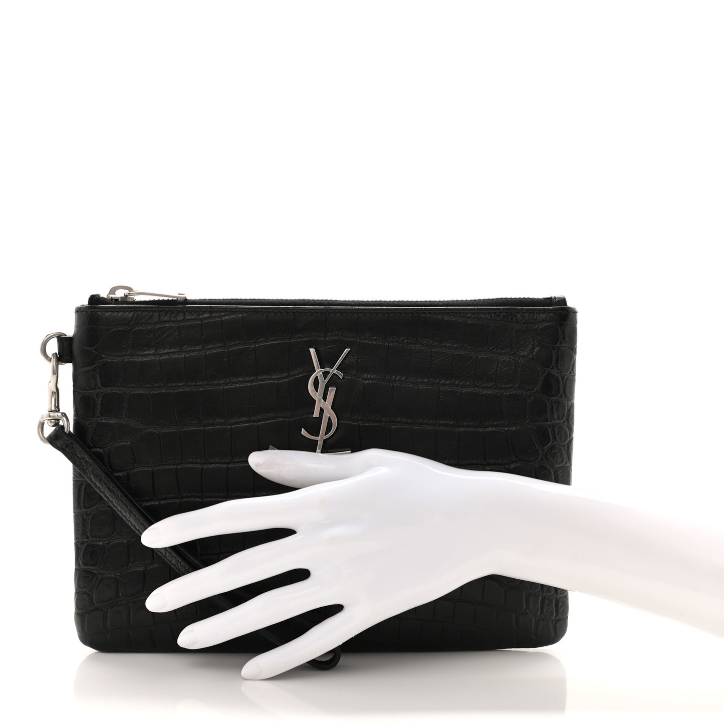 Calfskin Crocodile Embossed Monogram Zip Pouch Black
