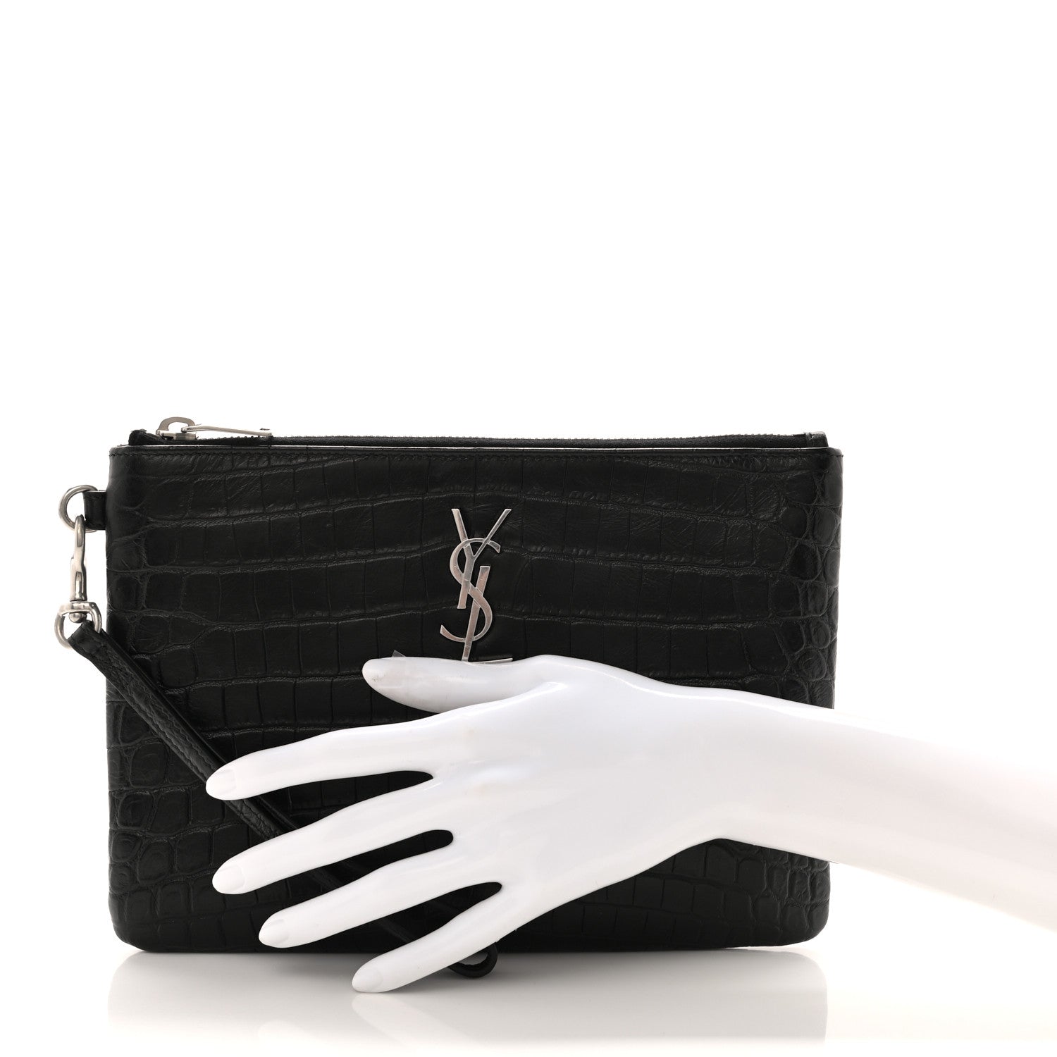 Saint Laurent Calfskin Crocodile Embossed Monogram Zip Pouch Black 5 of 14