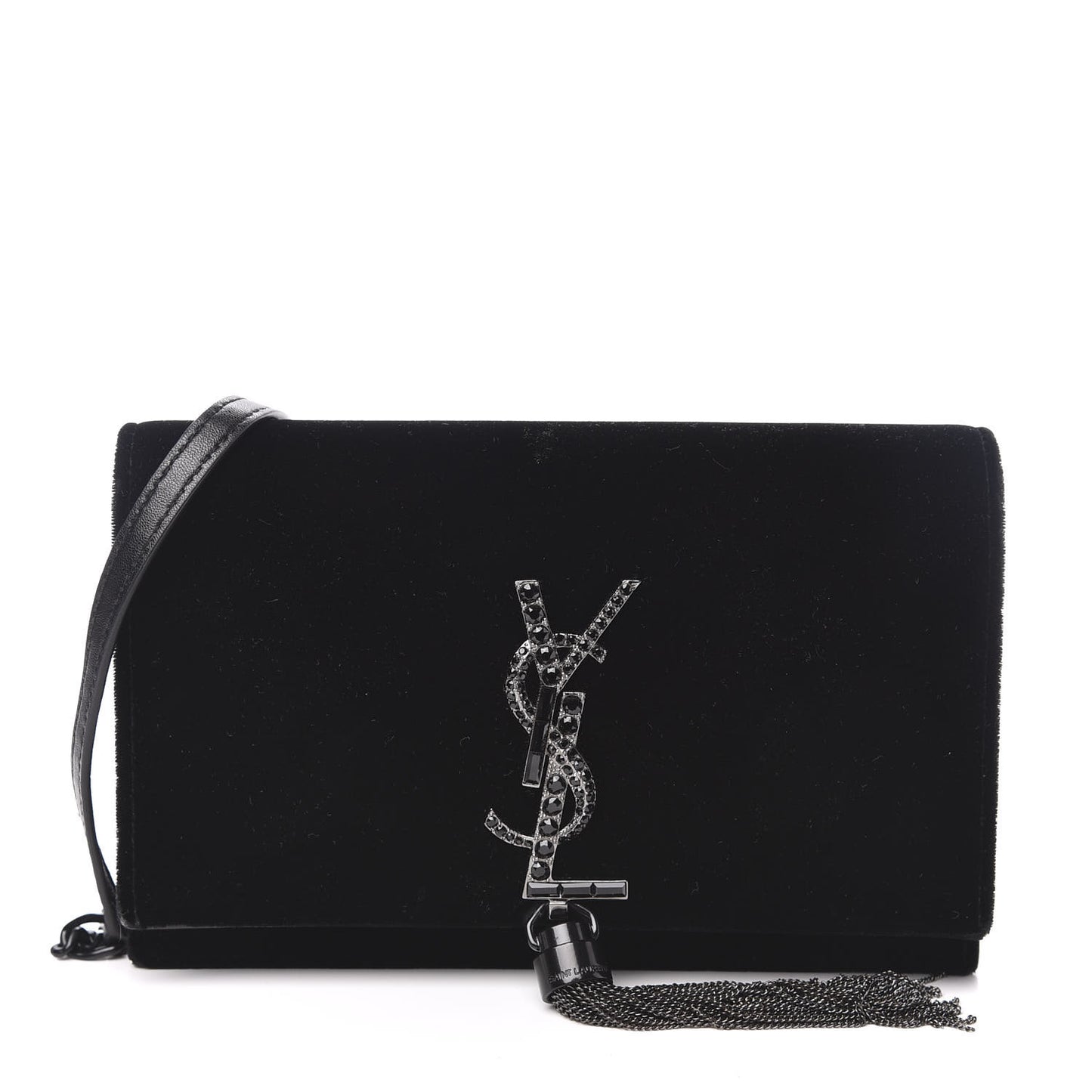 Velvet Crystal Monogram Kate Tassel Shoulder Bag Black