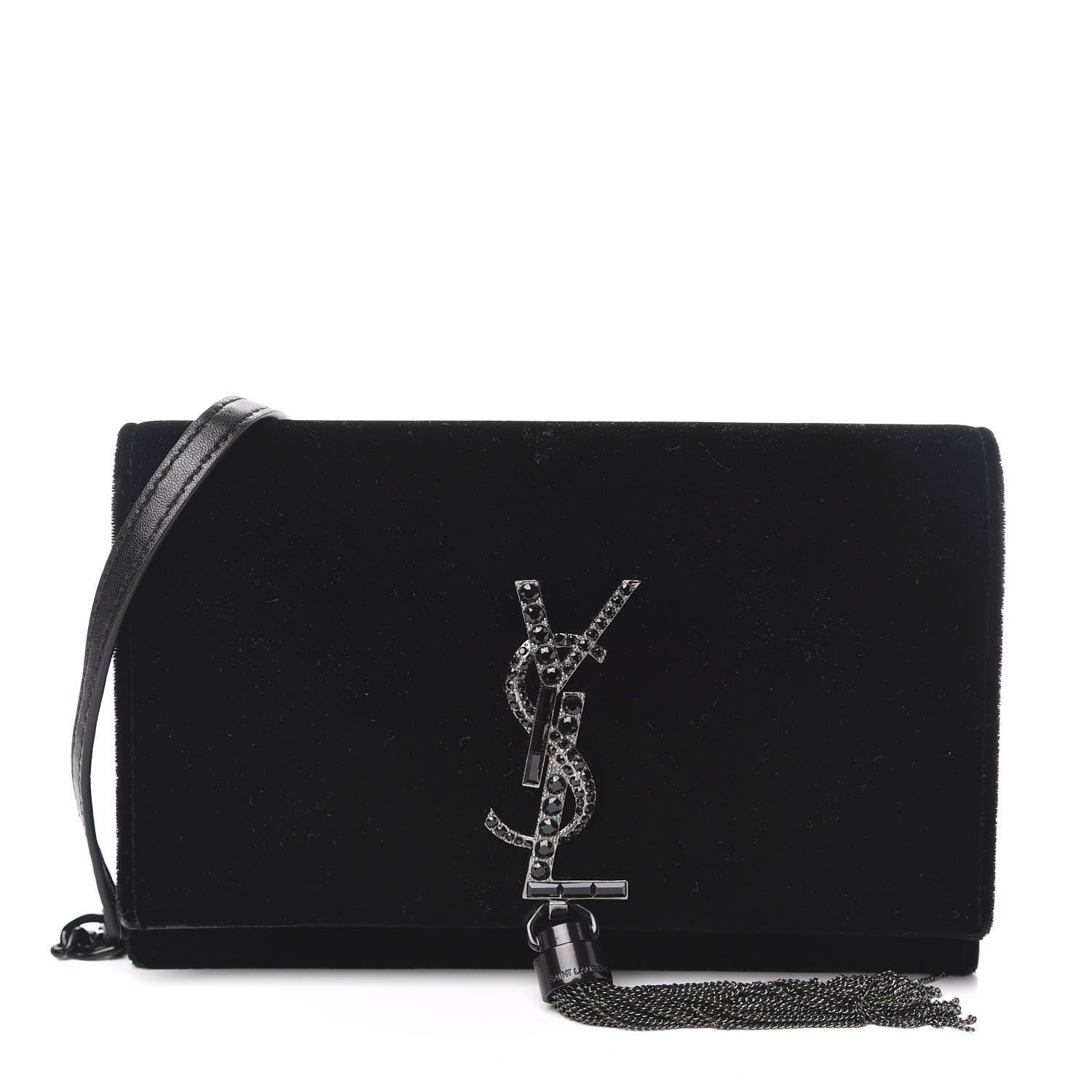 Saint Laurent Velvet Crystal Monogram Kate Tassel Shoulder Bag Black 1 of 12
