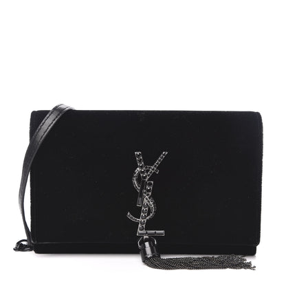 Saint Laurent Velvet Crystal Monogram Kate Tassel Shoulder Bag Black 1 of 12