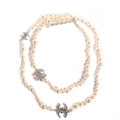 Chanel Crystal Baguette Pearl CC Double Strand Necklace Silver 1 of 5