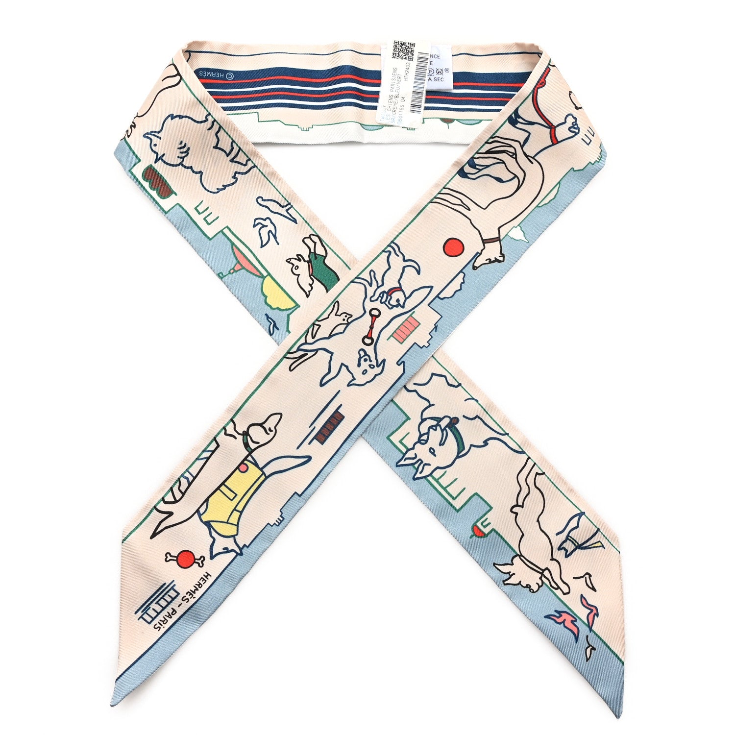 Hermes Silk Les Chiens Parisiens Twilly Creme Bleu Vert 1 of 3