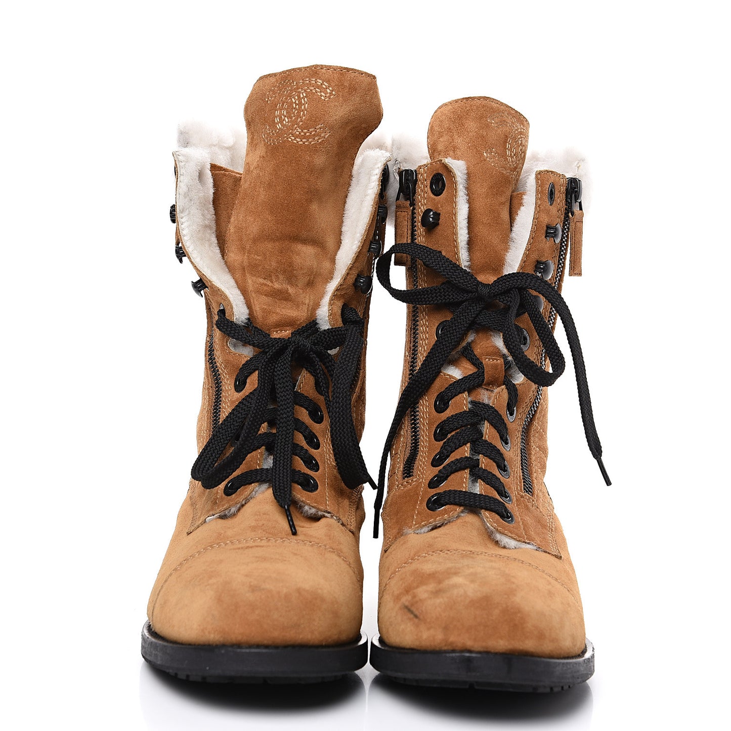 Suede Calfskin Shearling Quilted CC Tall Lace Up Combat Boots 42 Marron Ecru