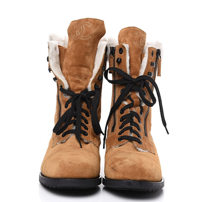 Chanel Suede Calfskin Shearling Quilted CC Tall Lace Up Combat Boots 42 Marron Ecru 2 of 10