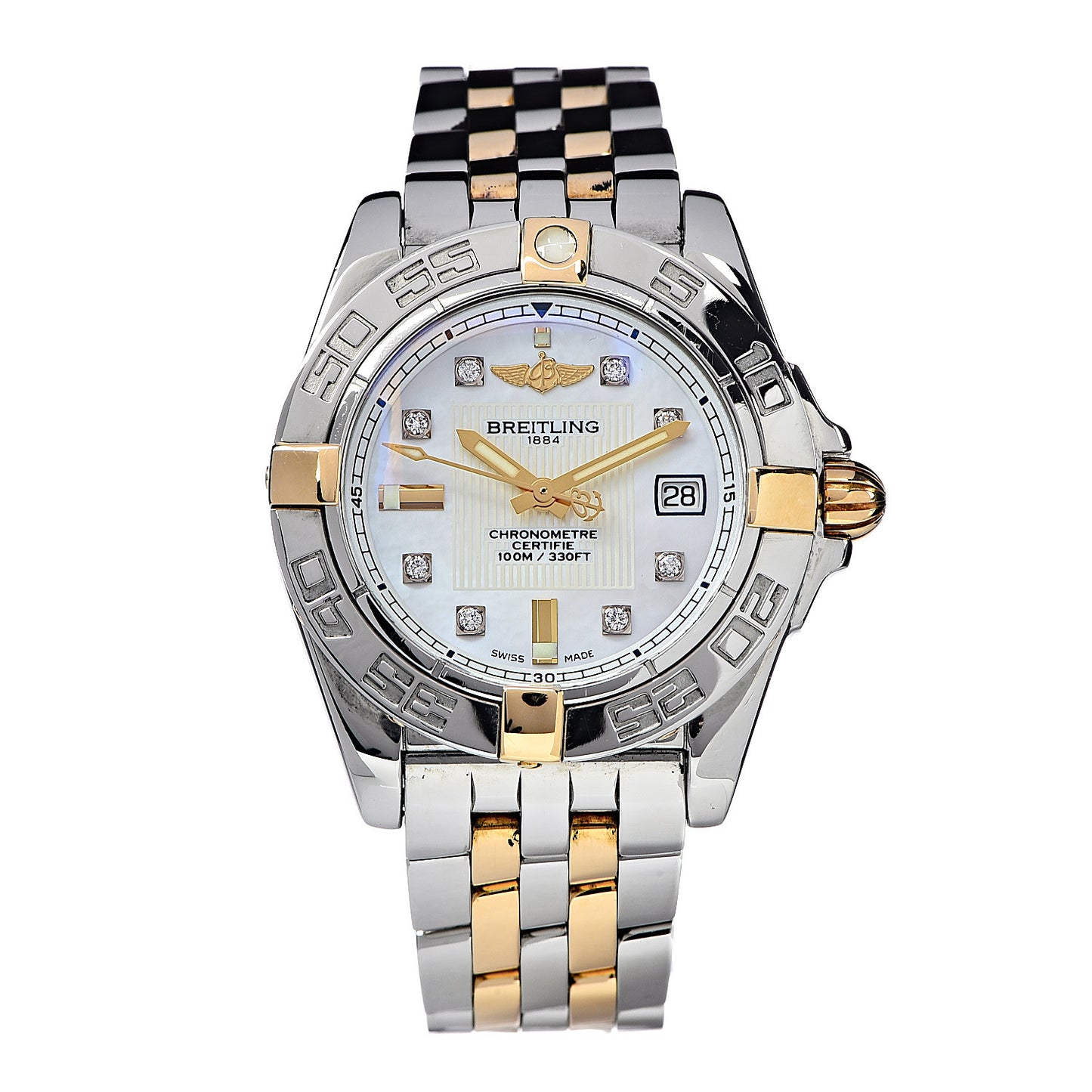 Stainless Steel 18K Yellow Gold Diamond Mother of Pearl 32mm Galactic Quartz Watch D71356
