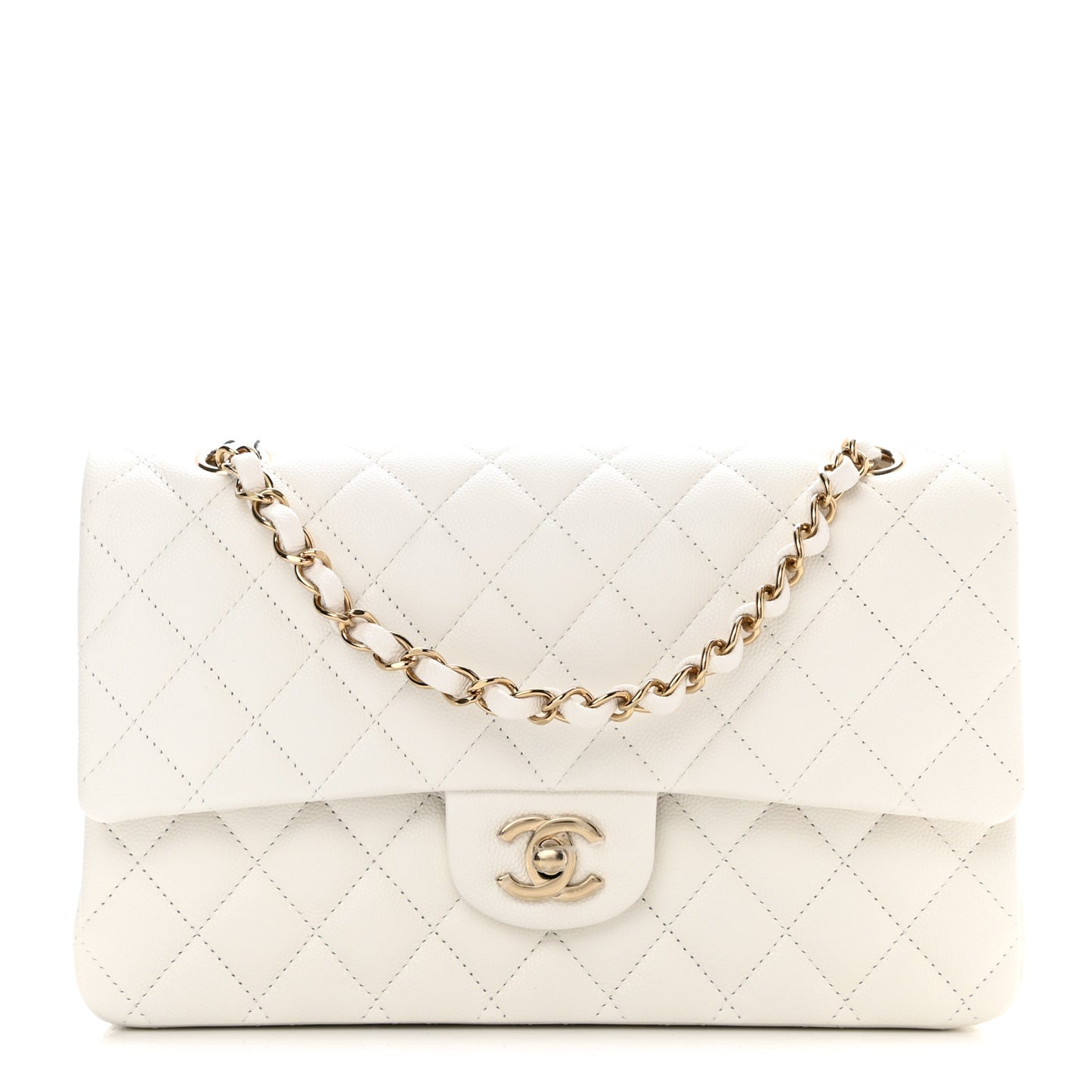Caviar Quilted Medium Double Flap White