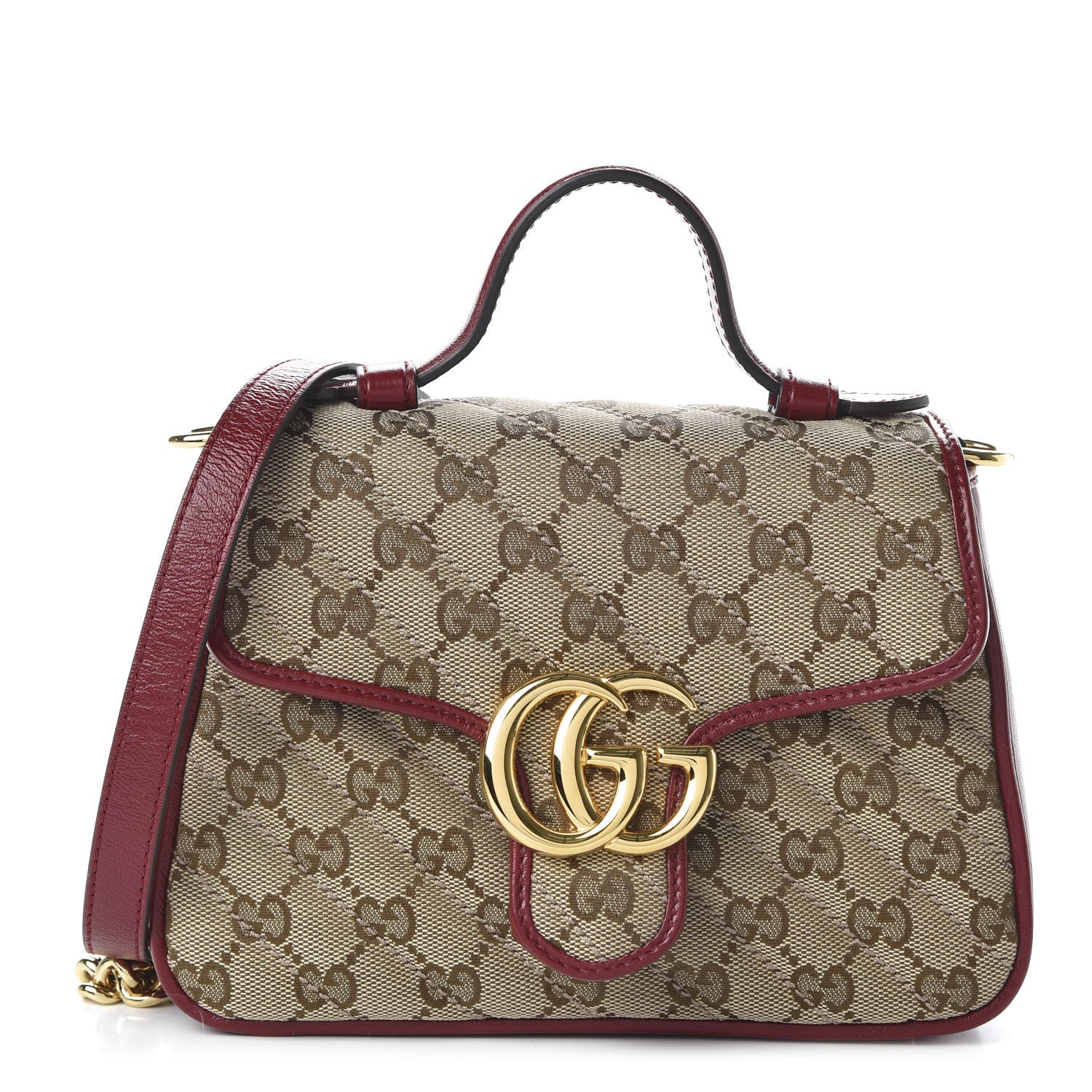 Gucci Monogram Glazed Calfskin Matelasse Diagonal Mini GG Marmont Top Handle Shoulder Bag Beige Ebony New Cherry Red 1 of 10